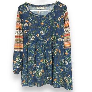 Navy Floral Babydoll Ethnic Sleeve Top 1X